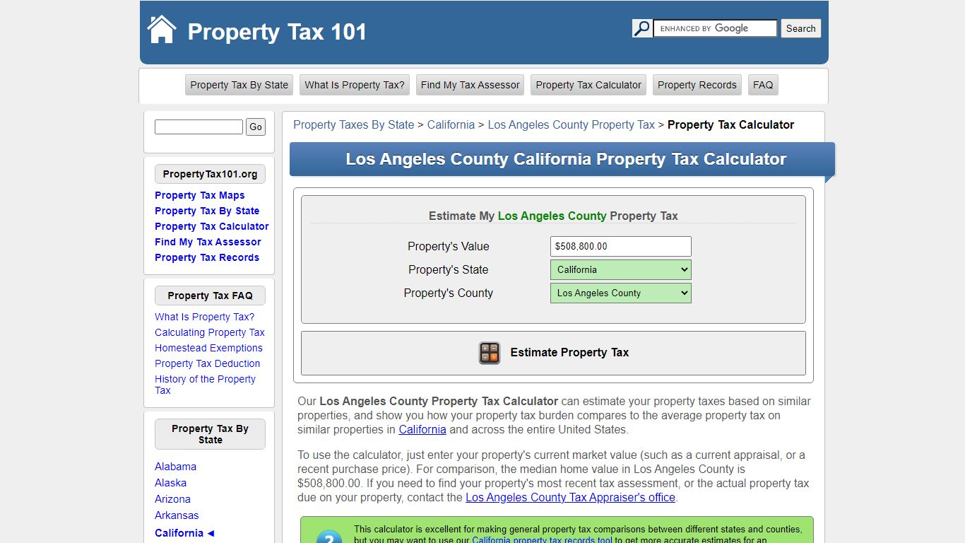 Los Angeles County California Property Tax Calculator